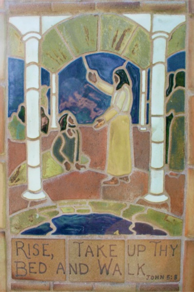 Jesus healing the man at the Pool of Bethesda (pottery tiles by Lynn Eastin)