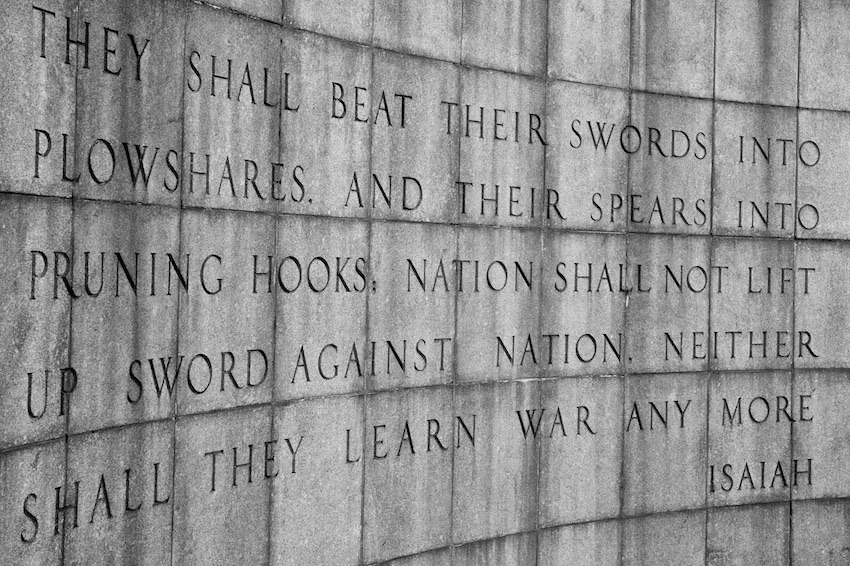 picture of quote from Isaiah about beating swords into plowshares, prayers to end war
