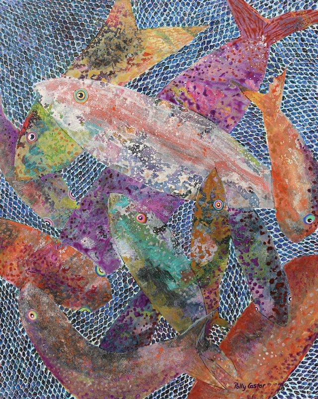 painting by Polly Castor of fish in a net, after easter now what, after easter, now what