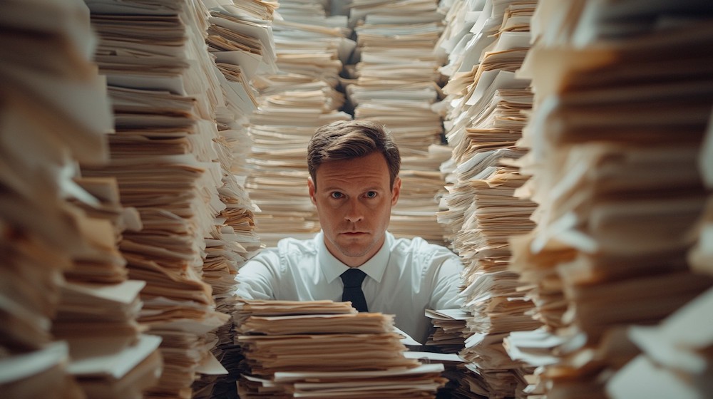 man in pile of papers, unsolved problems