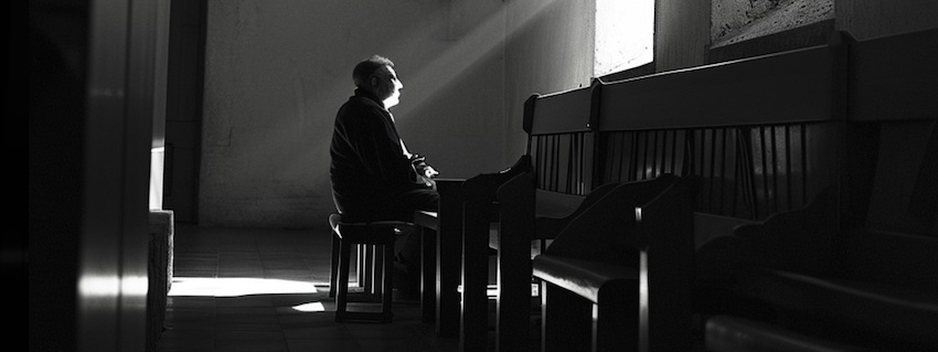 man in church with ray of light, sitting at the feet of Jesus, at the feet of Jesus, the feet of Jesus